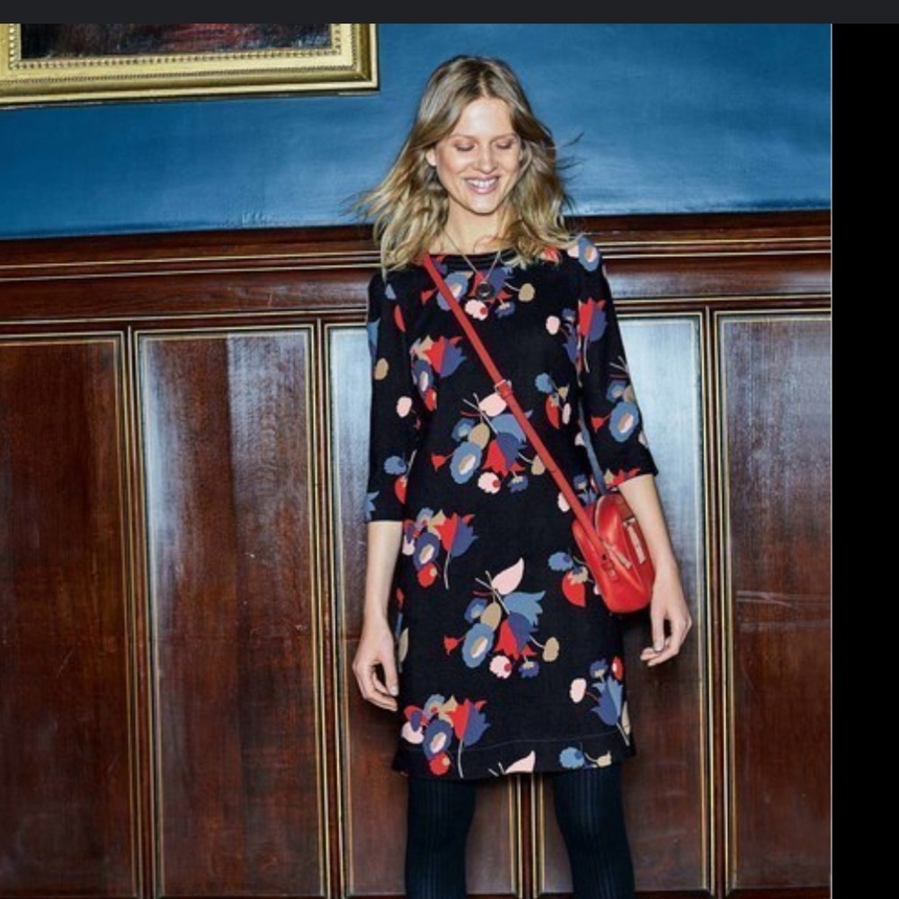 Boden Black Colorful Floral Print Alda Shift Dress size US 12R UK 16 3/4 Sleeve